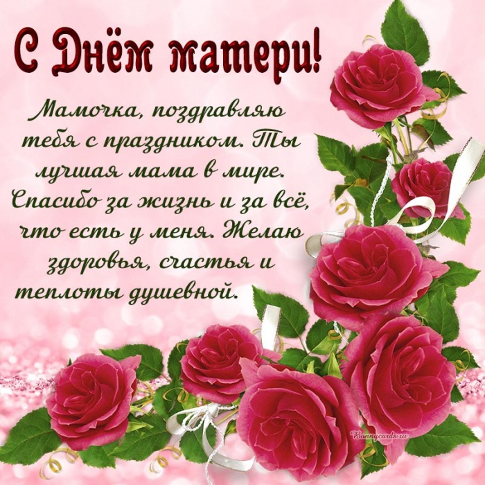 Поздравление для мамочки с праздником и красные цветы.