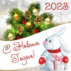 Картинка с Новым годом кролика 2023 на фоне игрушек.
